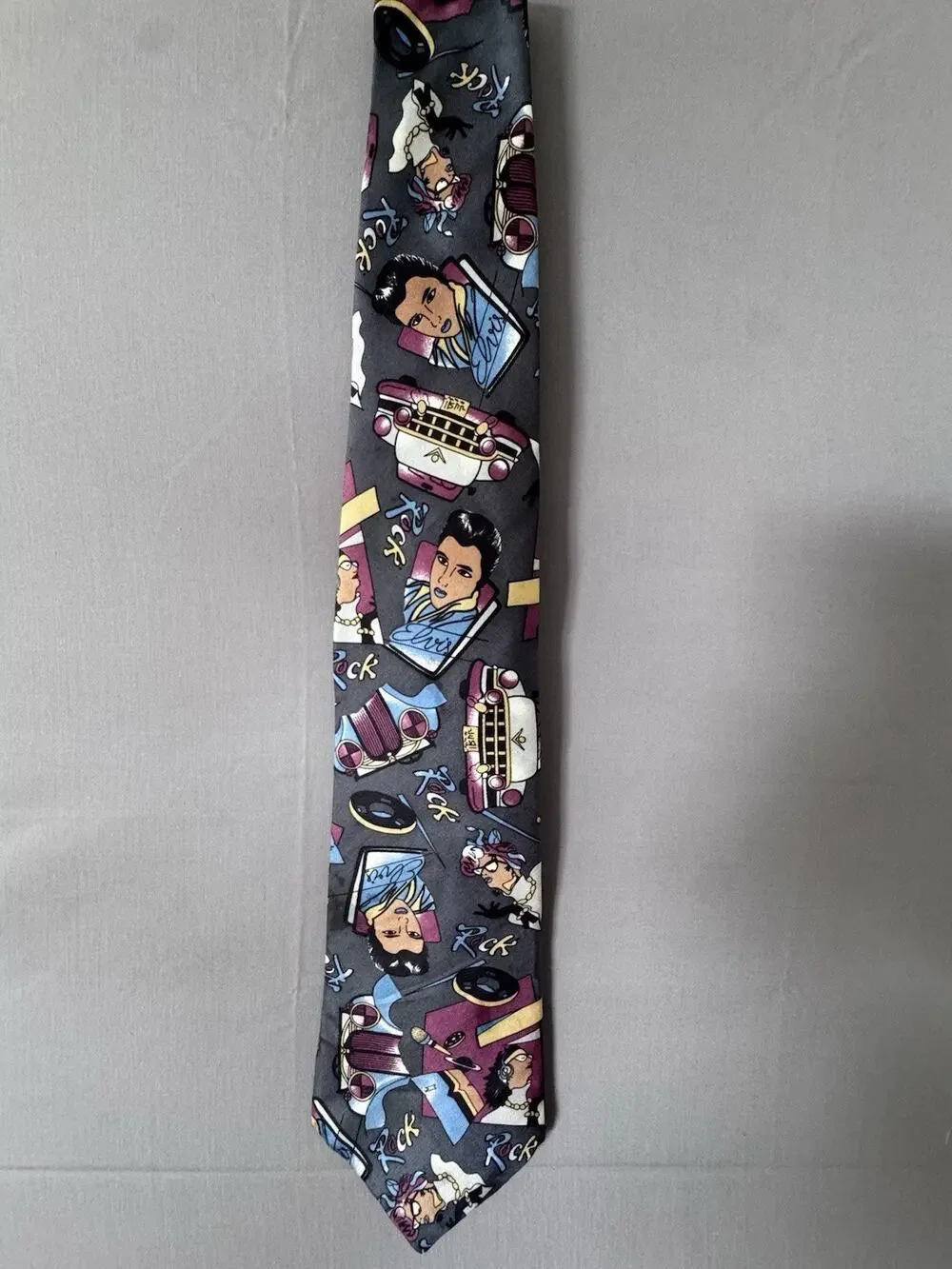 Vintage Arius 100% Silk Novelty Tie Elvis Rock & Roll Music Gray Made in Italy